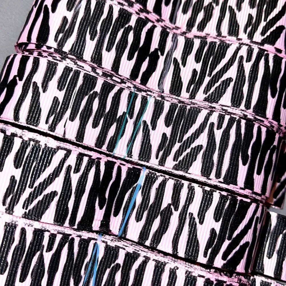 Grosgrain printed Ribbon 7/8” NEW 5 yards light baby pink black zebra stripe